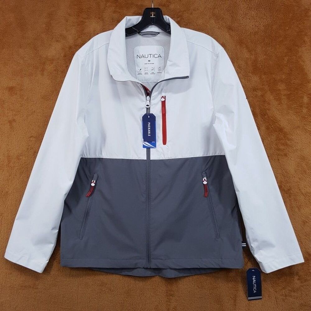NAUTICA Jacket Mens Medium White Grey Colorblock Water Wind Resistant